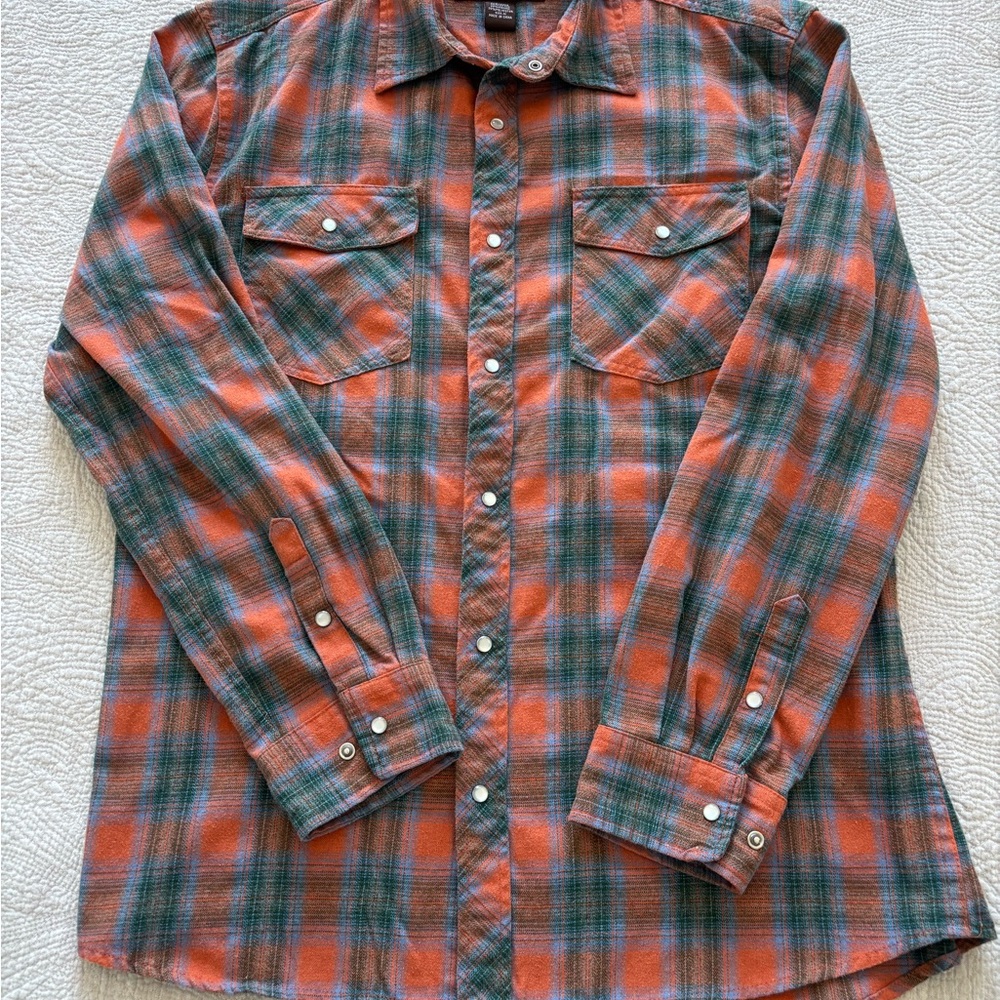Men's Plaid Button-Down Shirt in Orange and Green